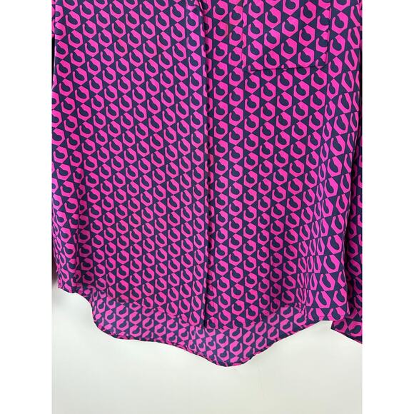 Diane von Furstenberg Silk Button Blouse Pink Navy Top Lorelei Chain DVF Size 8 - Picture 5 of 16